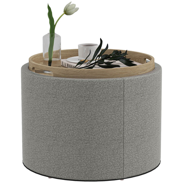 Table basse ronde avec rangement dissimulé et plateau rembourré en lin gris