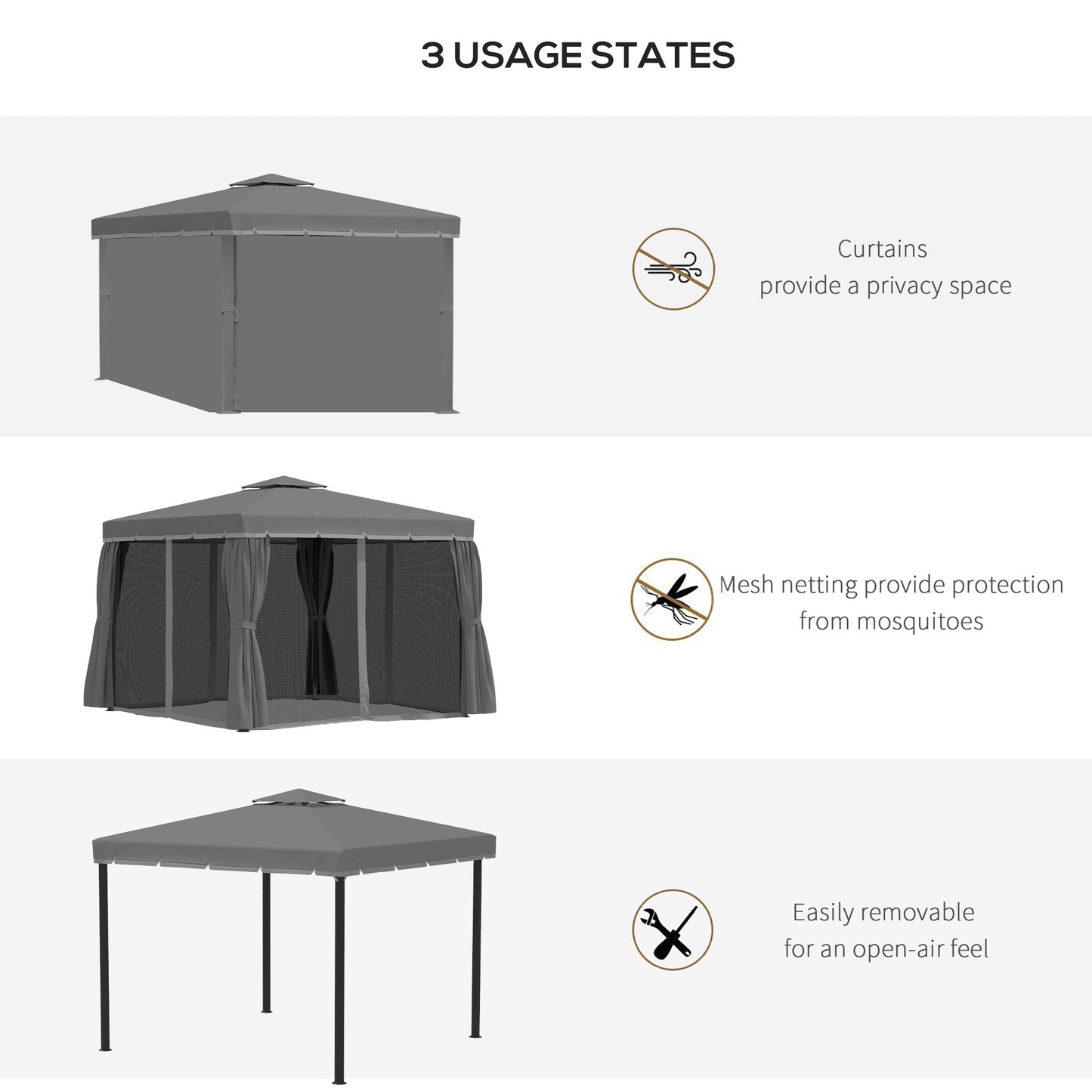 Gazebo 10' x 10' à 2 niveaux avec parois latérales en maille zippée, cadre en aluminium, gris foncé
