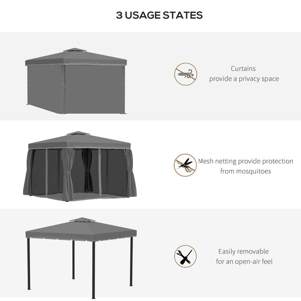 Gazebo 10' x 10' à 2 niveaux avec parois latérales en maille zippée, cadre en aluminium, gris foncé