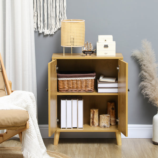Storage unit with doors, shelves, and wooden legs, Natural wood