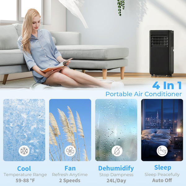 Climatiseur portable 4 en 1, 8000 BTU avec fonctions refroidissement, déshumidification, ventilation, mode sommeil, télécommande vocale Wi-Fi, noir