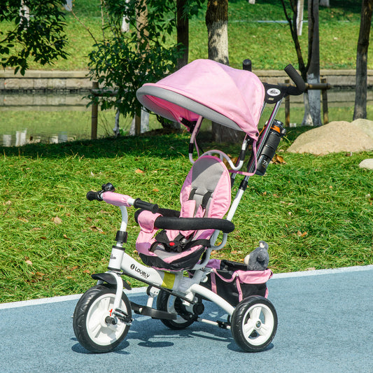 Poussette tricycle 6 en 1 pour tout-petits avec panier, auvent, harnais de sécurité à 5 points, de 12 à 60 mois, rose