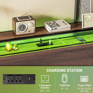 Cadre de lit Queen Size avec éclairage LED et station de charge, noyer