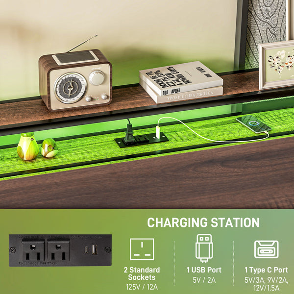 Cadre de lit Queen Size avec éclairage LED et station de charge, noyer