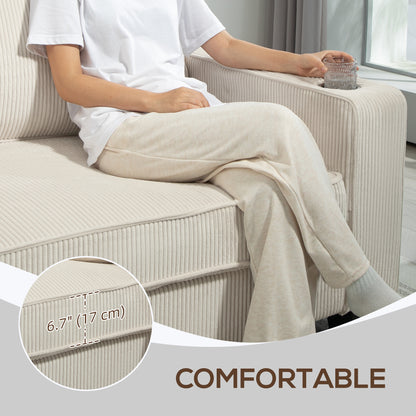 Canapé 3 places en tissu avec coussin à ressorts et porte-gobelets pour salon, chambre, blanc crème