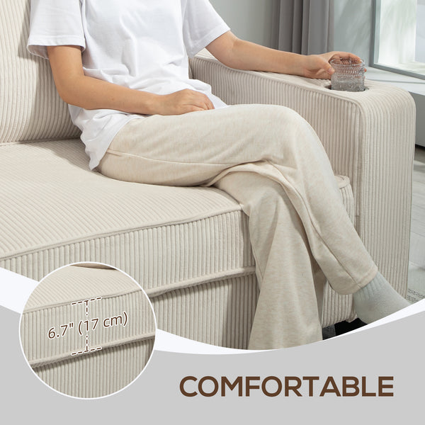Canapé 3 places en tissu avec coussin à ressorts et porte-gobelets, blanc crème