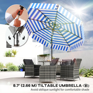 Parasol inclinable de 8,7 pieds avec manivelle et aération, bleu et blanc