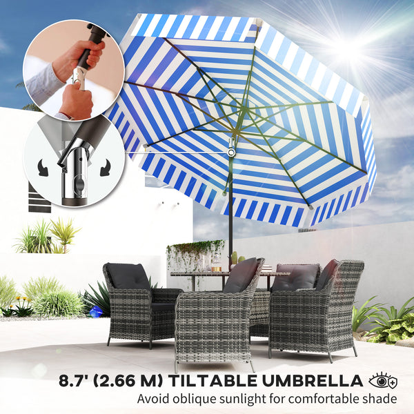Parasol inclinable de 8,7 pieds avec manivelle et aération, bleu et blanc