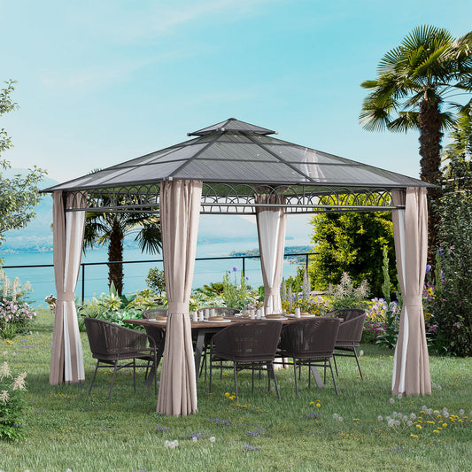 Outsunny 9' x 10' Outdoor Gazebo with Double PC Hardtop, Steel Frame, Netting &amp; Curtains for Garden Patio, Khaki