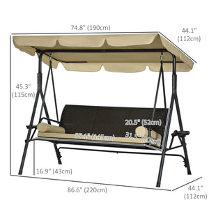Outdoor 3-Seat Porch Swing with Canopy, Rattan Seat, Removable Cushion, Pillows and Steel Frame