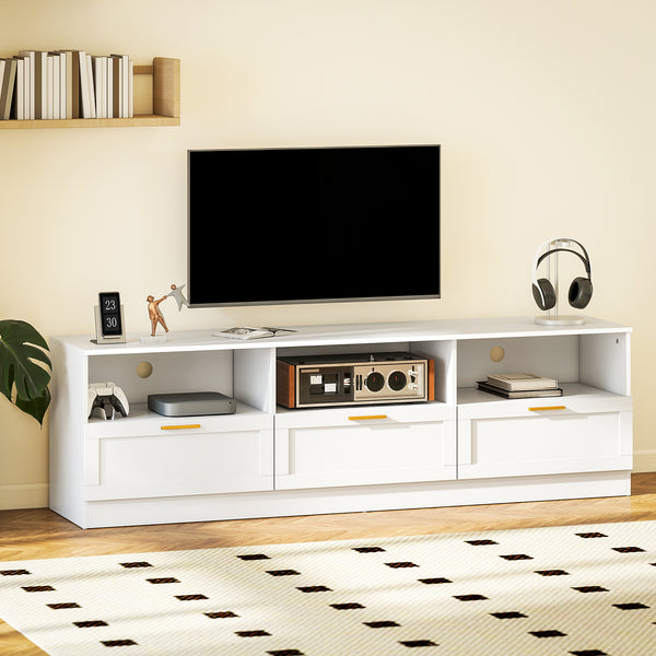 Meuble TV avec 3 armoires et 3 étagères ouvertes, pour téléviseurs jusqu'à 85 pouces, blanc