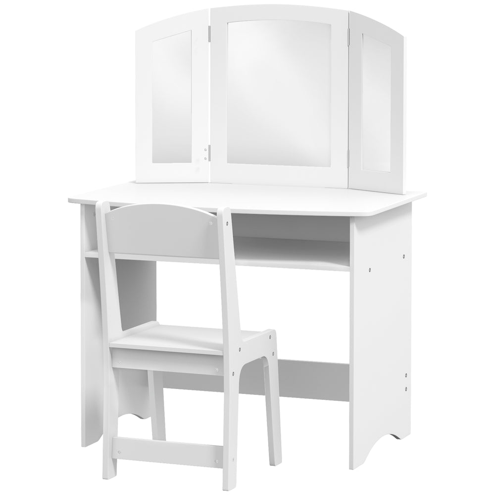 Coiffeuse 2 en 1 avec miroir pliable en trois parties, tabouret et étagère de rangement, blanche