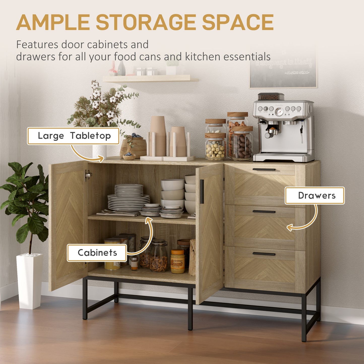 HOMCOM sideboard, coffee bar cabinet with drawers and adjustable shelf, oak