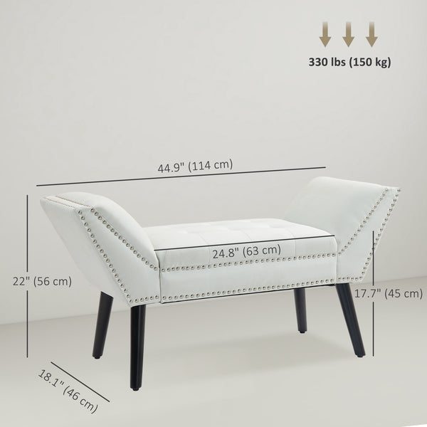 Banc rembourré moderne avec accoudoirs et garniture cloutée, blanc
