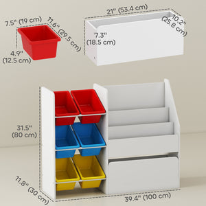 Qaba Kids Bookshelf and Toy Storage, 3-Tier Bookcase with 6 Removable Bins and Box for Toddler Nursery Playroom, Multi