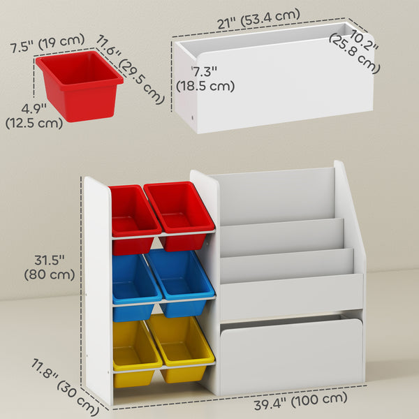 Qaba Kids Bookshelf and Toy Storage, 3-Tier Bookcase with 6 Removable Bins and Box for Toddler Nursery Playroom, Multi