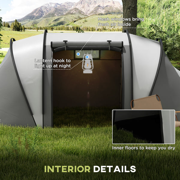 Camping tent with 2 bedrooms and a living area, 3000 mm waterproof, grey.
