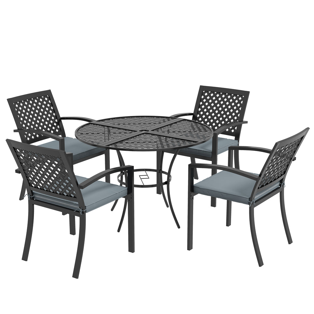 Ensemble de salle à manger d'extérieur 5 pièces avec 4 fauteuils empilables rembourrés, ensemble de meubles de patio avec trou pour parasol, gris