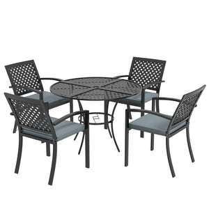 Ensemble de salle à manger d'extérieur 5 pièces avec 4 fauteuils empilables rembourrés, ensemble de meubles de patio avec trou pour parasol, gris