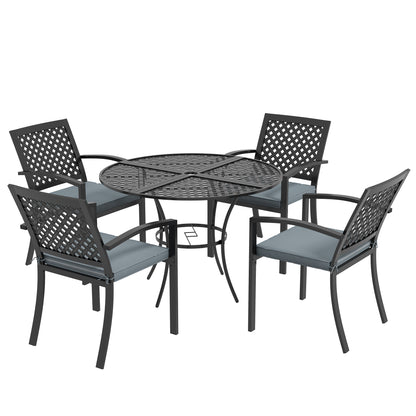 Outsunny 5-Piece Outdoor Dining Set with 4 Padded Stacking Armchairs, Patio Furniture Set with Umbrella Hole, Metal Table, for Garden, Patio, Poolside, Lawn, Backyard, Grey 