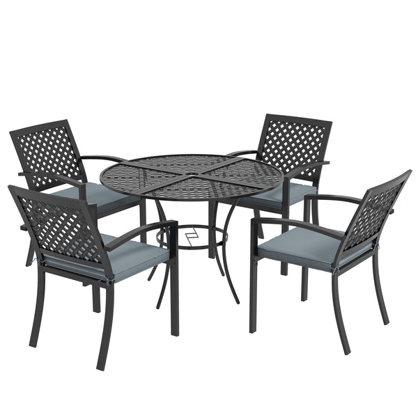 Ensemble de salle à manger d'extérieur 5 pièces avec 4 fauteuils empilables rembourrés, ensemble de meubles de patio avec trou pour parasol, gris