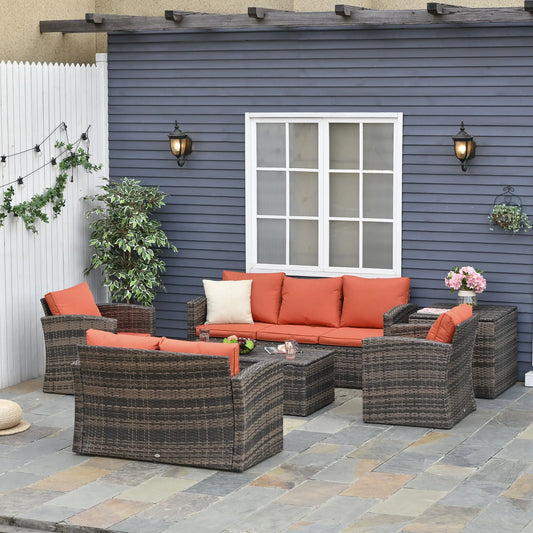 Outsunny 6 Piece Wicker Garden Furniture Set with Cushions, 7 Seater Rattan Garden Sofa with Storage Table, Orange