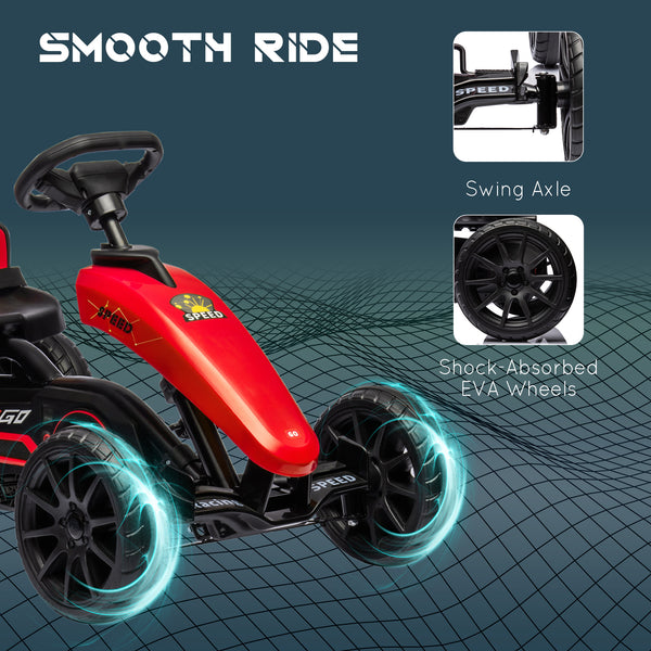 Kart à pédales pour enfants, godet réglable, frein à main, pour les 3-8 ans, rouge