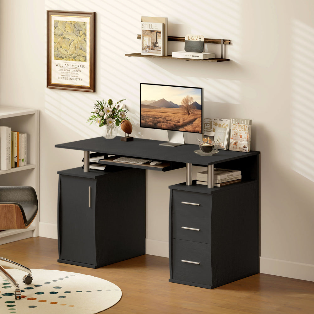 Bureau d'ordinateur avec plateau pour clavier, tiroirs et étagères de rangement, noir