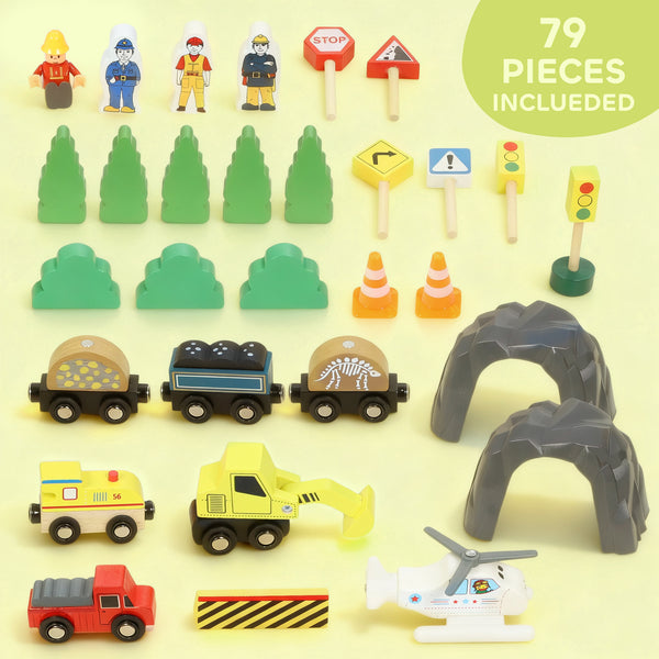 79-piece wooden mine-themed train set with crane, helicopter, tracks and accessories, for boys and girls aged 3 and up