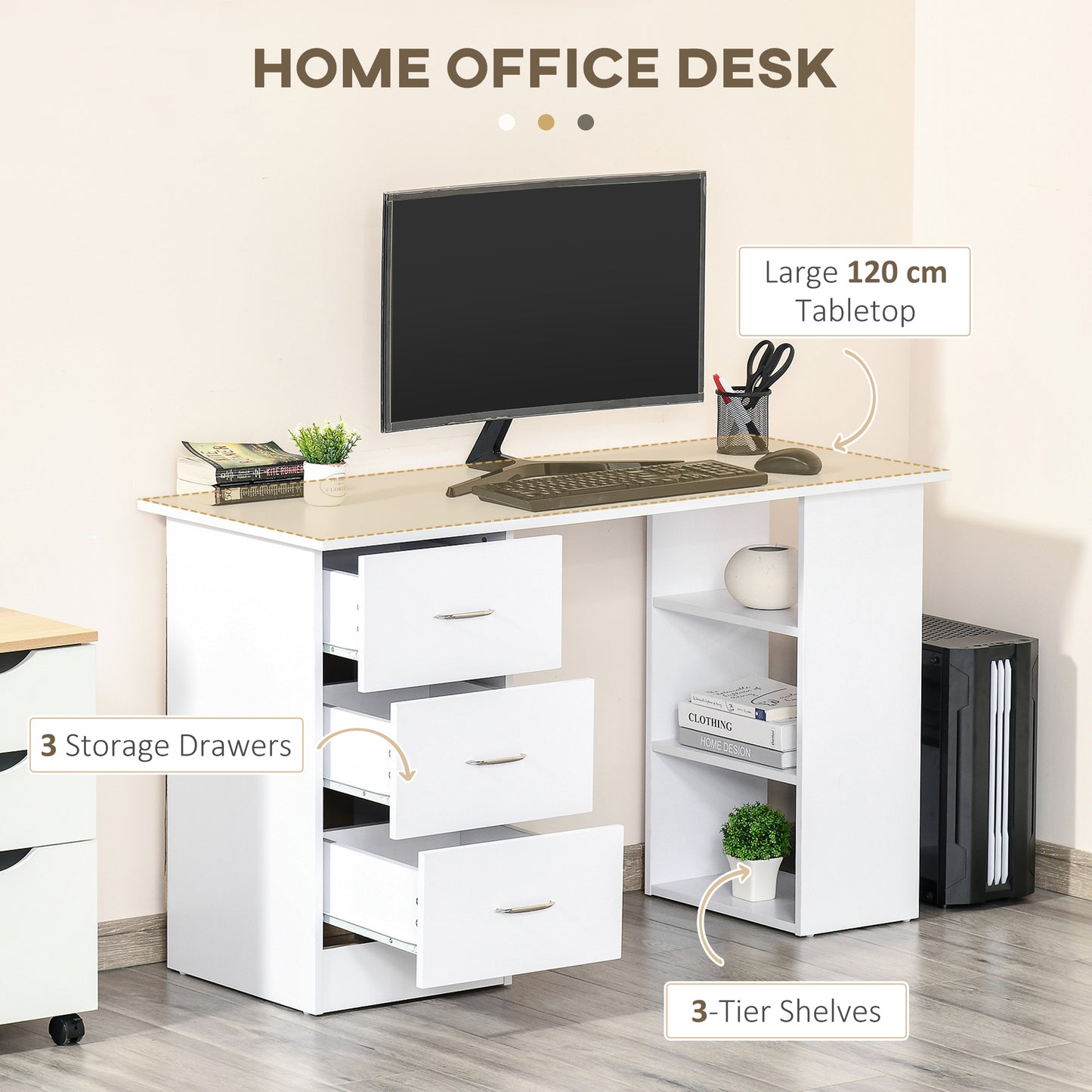 Bureau 47 pouces avec étagères de rangement à 3 niveaux, blanc