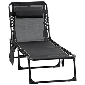 Chaise longue pliante avec dossier réglable et coussin amovible, noir