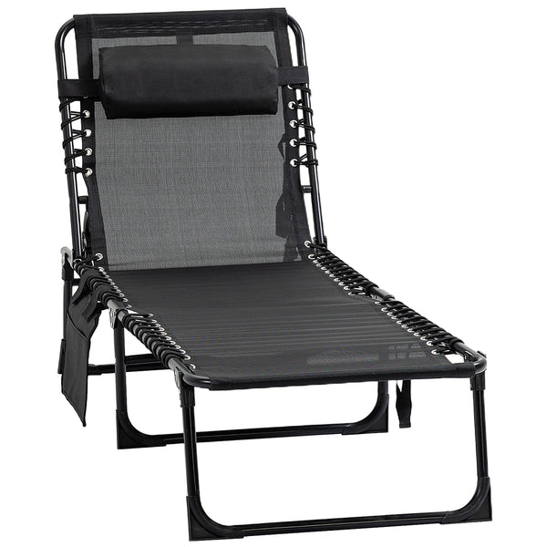 Chaise longue pliante avec dossier réglable et coussin amovible, noir