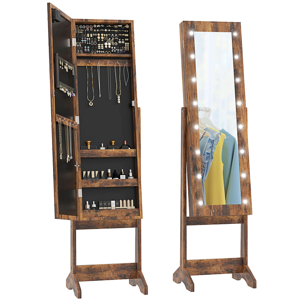 Armoire à bijoux autoportante avec miroir éclairé, angle réglable et 16 LED, couleur marron rustique