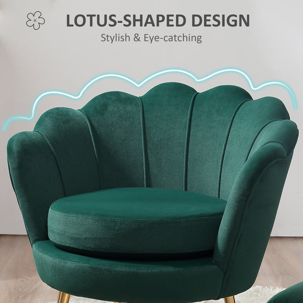Fauteuil d'appoint lotus en tissu velours avec pieds en métal doré, vert foncé