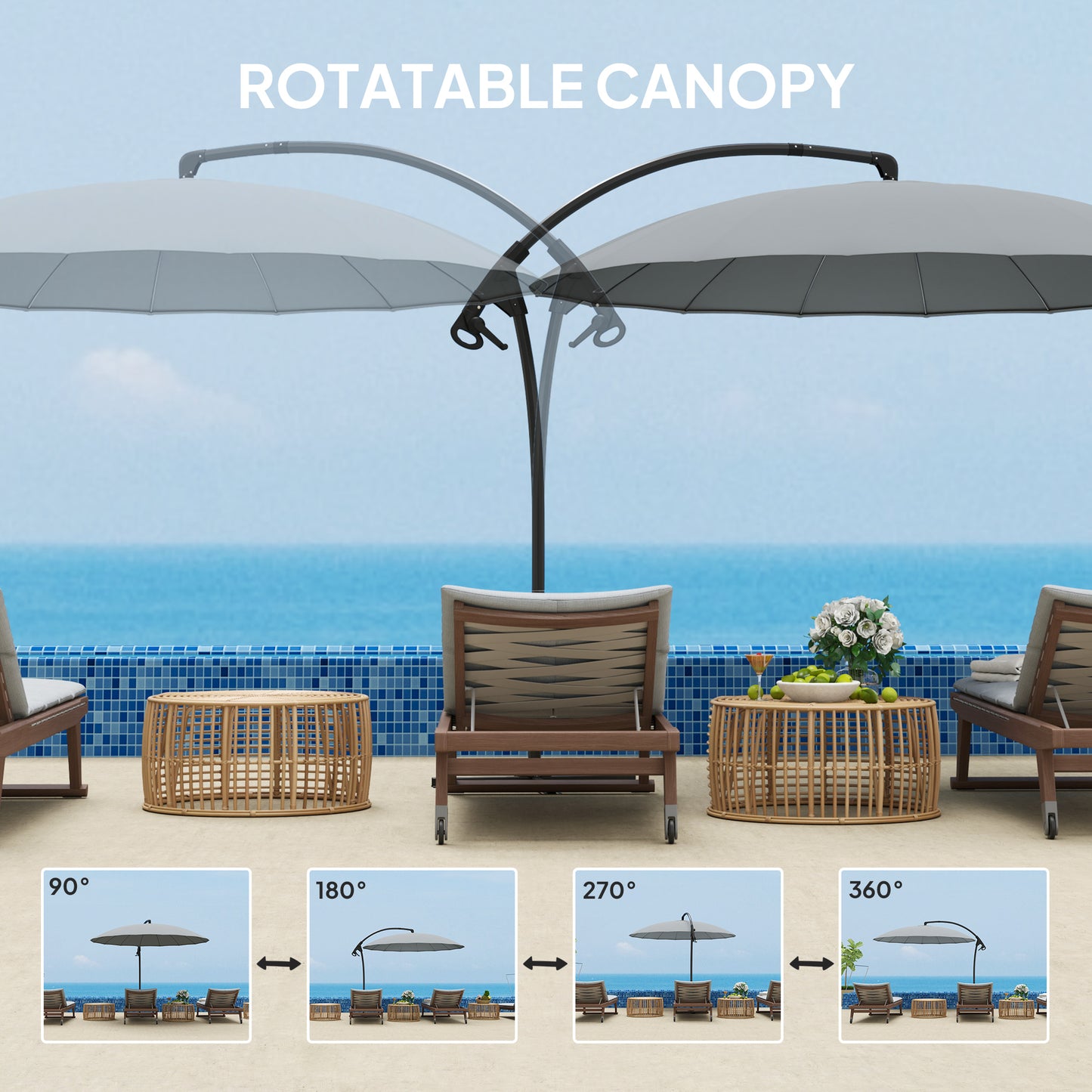 Outsunny 2.7m Cantilever Umbrella with 16 Fiberglass Ribs, Offset Hanging Umbrella, Patio Umbrella with Crank and Cross Base, Grey
