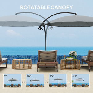 Parasol déporté 2,7 m avec 16 baleines en fibre de verre, parasol suspendu décalé, parasol de terrasse avec manivelle et base croisée, gris
