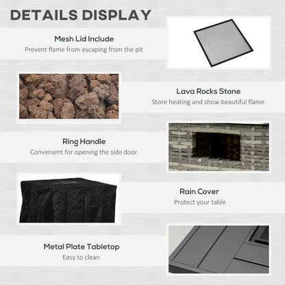 Outsunny 28" Propane Fire Pit Table, 40,000 BTU Rattan Gas Fire Pit Table with Rain Cover, Mesh Lid, Lava Rock, Grey Blend