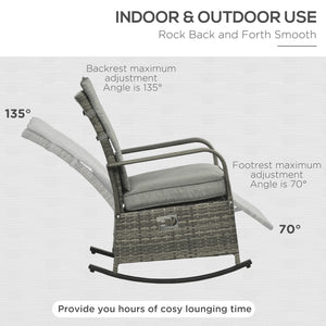 Outdoor Wicker Rocking Chair with Cushion, Patio PE Rattan Recliner Chair with Adjustable Footrest, Armrests, Mixed Grey