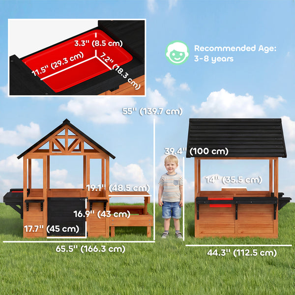 Maisonnette en bois pour enfants de 3 à 8 ans, avec table, bancs, évier, fenêtres et supports pour pots de fleurs, couleur marron.