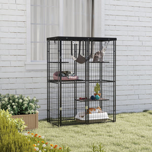 Metal cat cage with waterproof cover, hammock, washable cushions, black