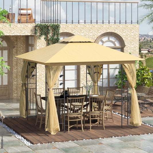 10'x10' Soft Steel Gazebo with Two-Tier Polyester Roof and Curtain Sidewalls, Beige 