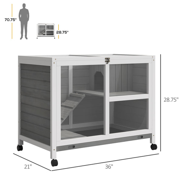 Indoor Rabbit Hutch with Wheels, Bunny Cage Guinea Pig House W/ Top Access, Ramp, Pull Out Tray, Grey