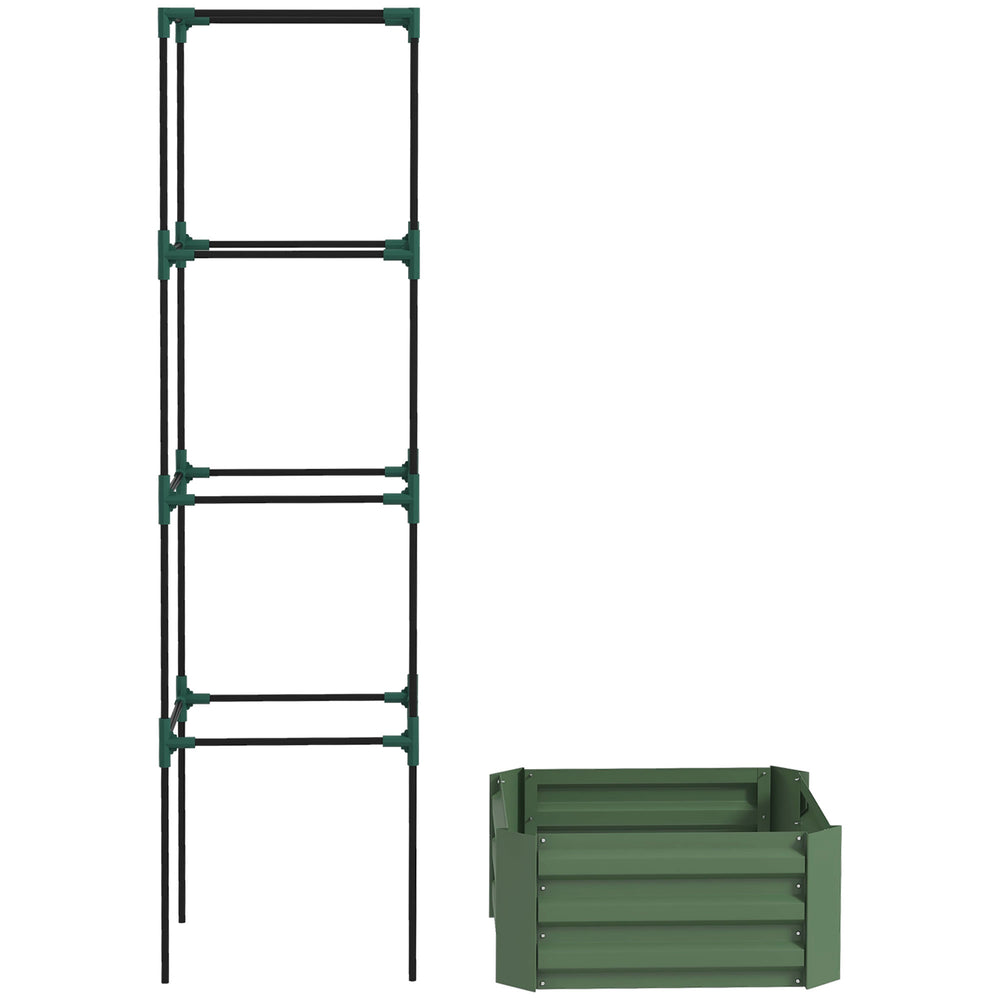 Raised galvanized planter with 4-tier trellis, green