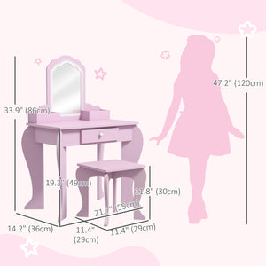 Coiffeuse avec miroir et tabouret, tiroir et rangements -  rose