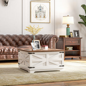Table basse carrée style ferme avec couvercles rabattables et compartiment de rangement dissimulé, blanche