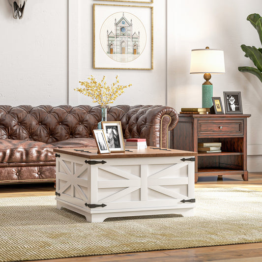 Table basse carrée style ferme avec couvercles rabattables et compartiment de rangement dissimulé, blanche