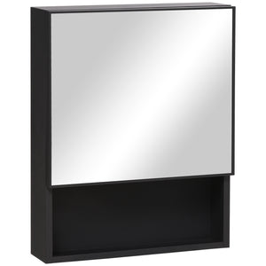 Armoire à miroir murale avec porte simple, étagères de rangement et cadre en acier inoxydable, noire