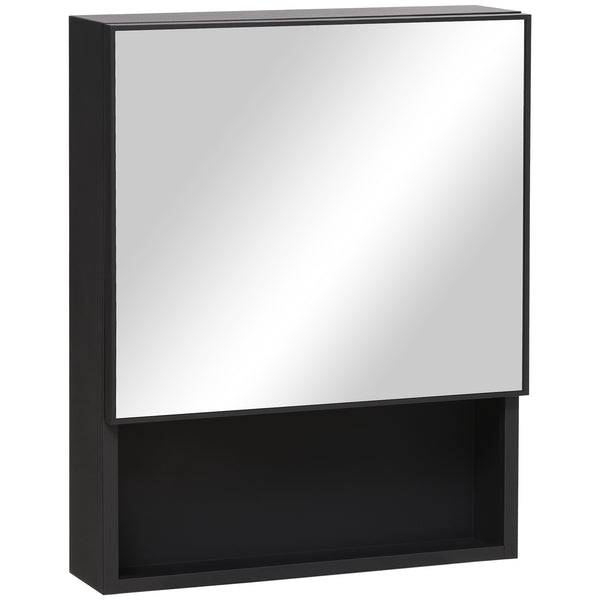 Armoire à miroir murale avec porte simple, étagères de rangement et cadre en acier inoxydable, noire