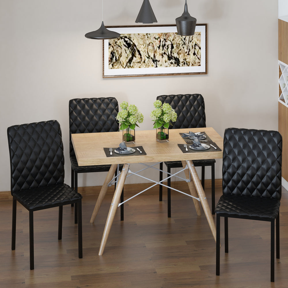 Set of 4 upholstered kitchen chairs in faux leather with metal legs, black