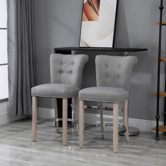 Set of 2 Upholstered Counter Height Bar Stools with Tufted Backrest, Wooden Legs and Footrest, Grey